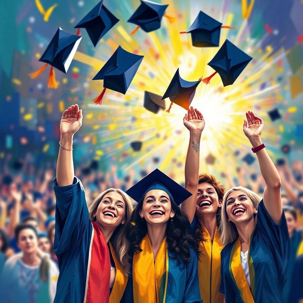 This celebratory scene captures the joyous moment of graduation, with students in festive caps and gowns tossing their hats into the air as they mark a significant milestone.