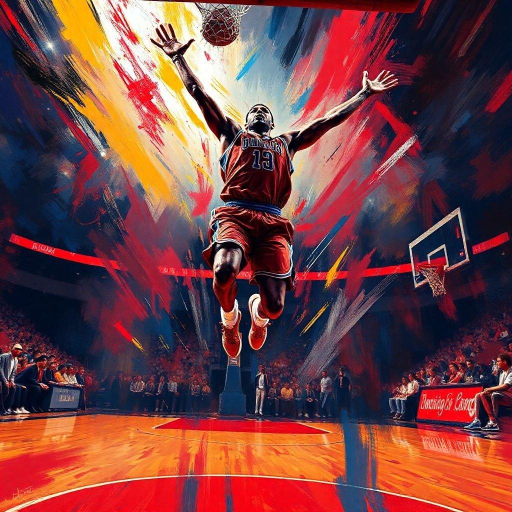 Vibrant basketball artwork capturing an intense dunk moment in a sports arena.