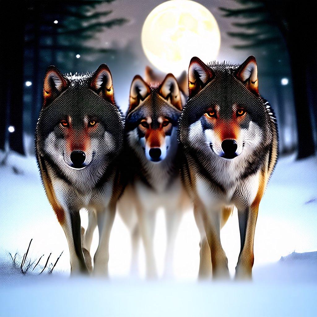 Three wolves under the full moon, creating a mysterious and wild atmosphere.