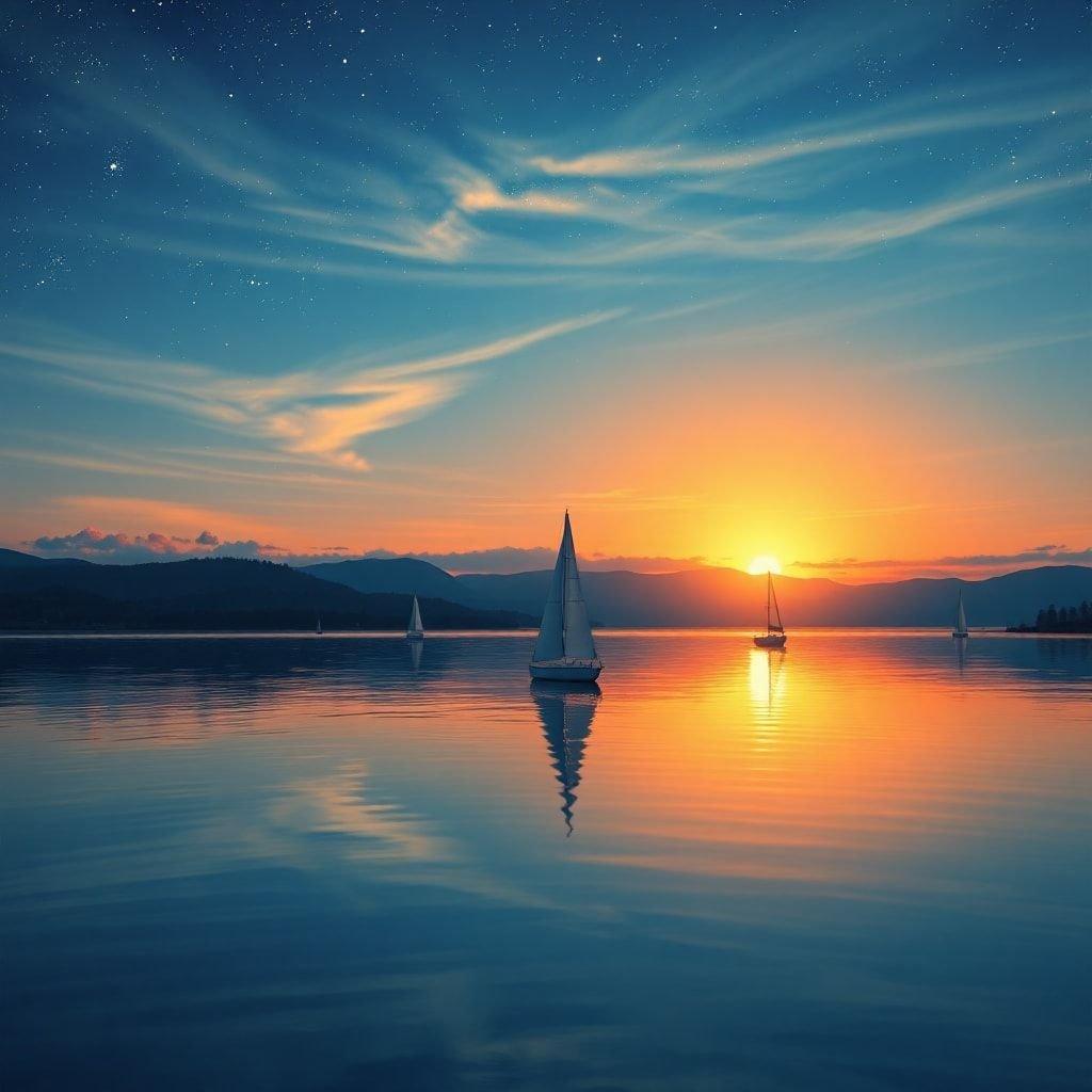 A serene scene of sailboats gently floating on a calm lake at sunset, reflecting the vibrant hues of the sky. The tranquil atmosphere is perfect for relaxation or meditation.