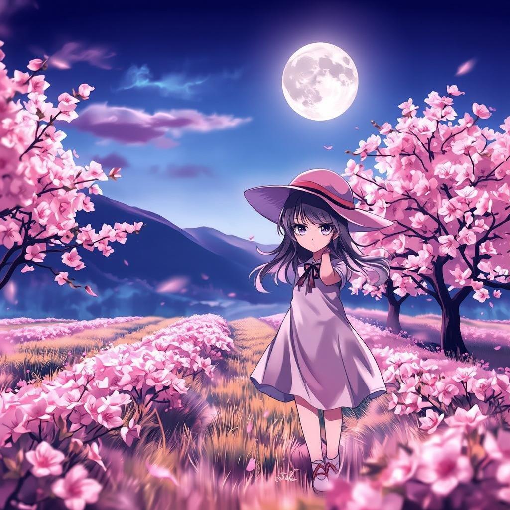 Dieser Anime-Stil Hintergrund zeigt ein junges Mädchen in einem weißen Kleid und einem rosa Hut, das durch ein Feld blühender Sakura-Bäume geht, während ein voller Mond hell im Hintergrund scheint und eine ruhige und friedliche Atmosphäre schafft.