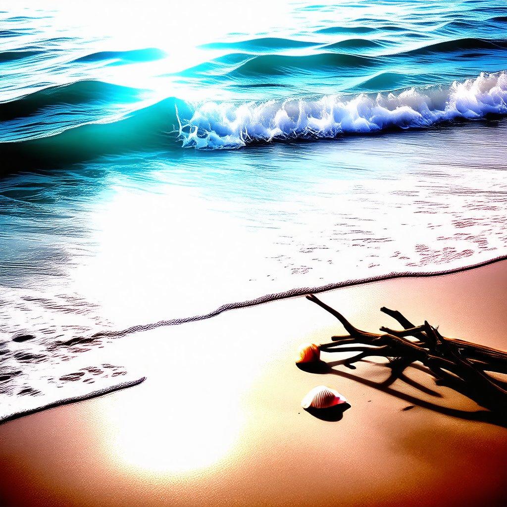 This image captures the tranquility of an empty beach as the sun dips below the horizon, casting long shadows over the sand and leaving a vibrant reflection on the water's surface. The gentle waves lap against the shore, and a single seashell rests in the wet sand near the edge of the tide. A lone piece of driftwood lies nearby, adding to the natural beauty of this peaceful seaside scene.