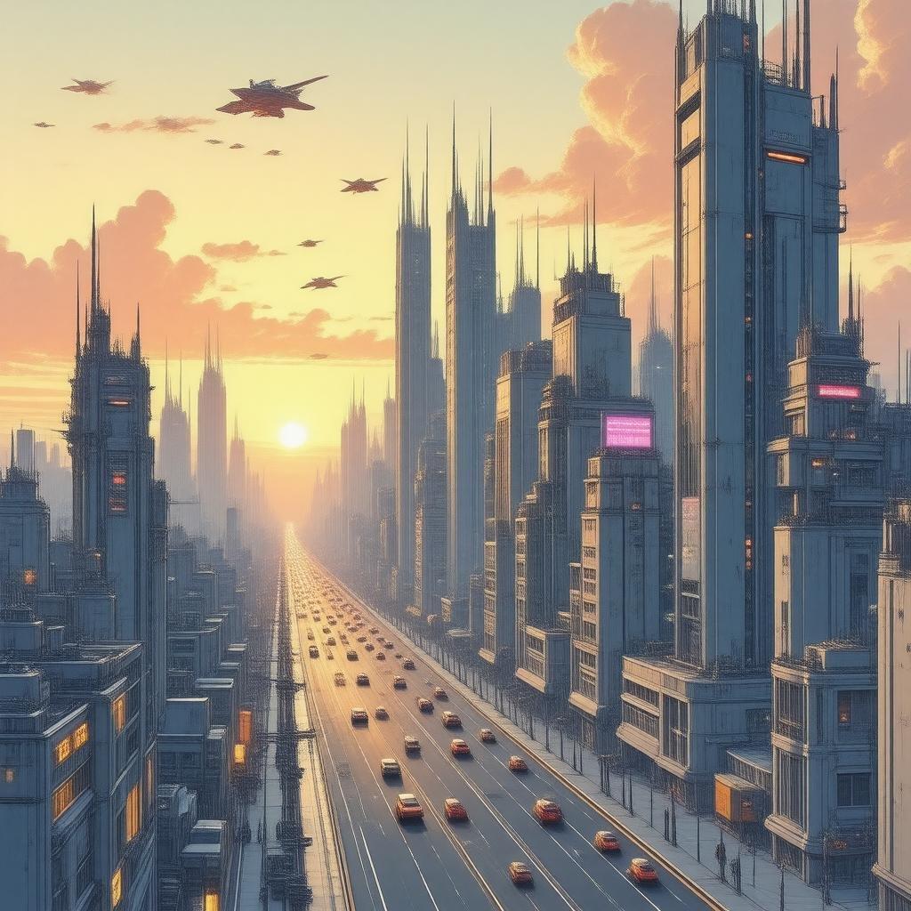 Immerse yourself in the vibrant world of anime with this stunning cityscape wallpaper, featuring futuristic skyscrapers, neon lights, and a breathtaking sunset.