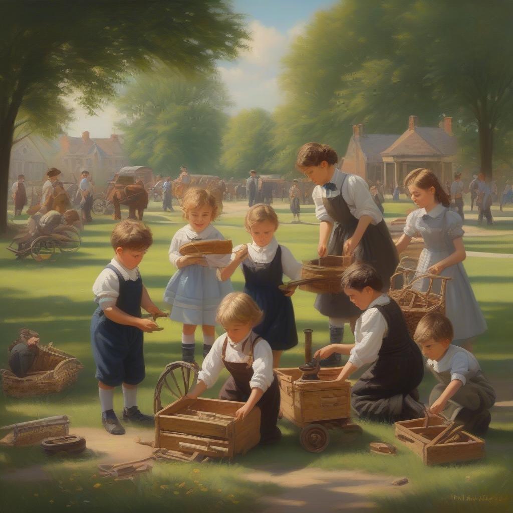 In this vibrant scene from days gone by, a group of children are enjoying their day in the park. They're engaged in various activities like flying kites and playing with toys, while some adults oversee their playtime. The backdrop of lush trees and grass fields paints a picture of nostalgic bliss.