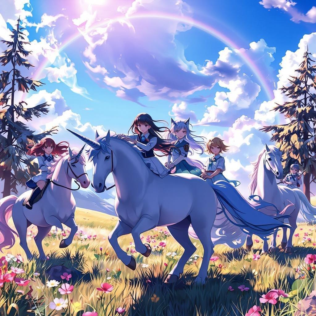 Embark on a magical journey with this captivating anime wallpaper, where schoolgirls ride majestic unicorns amidst a vibrant meadow, complete with rainbows, towering trees, and a brilliant sky.