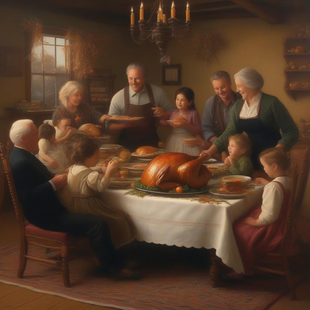 A warm, inviting family gathering around the table with a roasted turkey as the centerpiece. The atmosphere exudes gratitude and joyous anticipation for the shared meal.