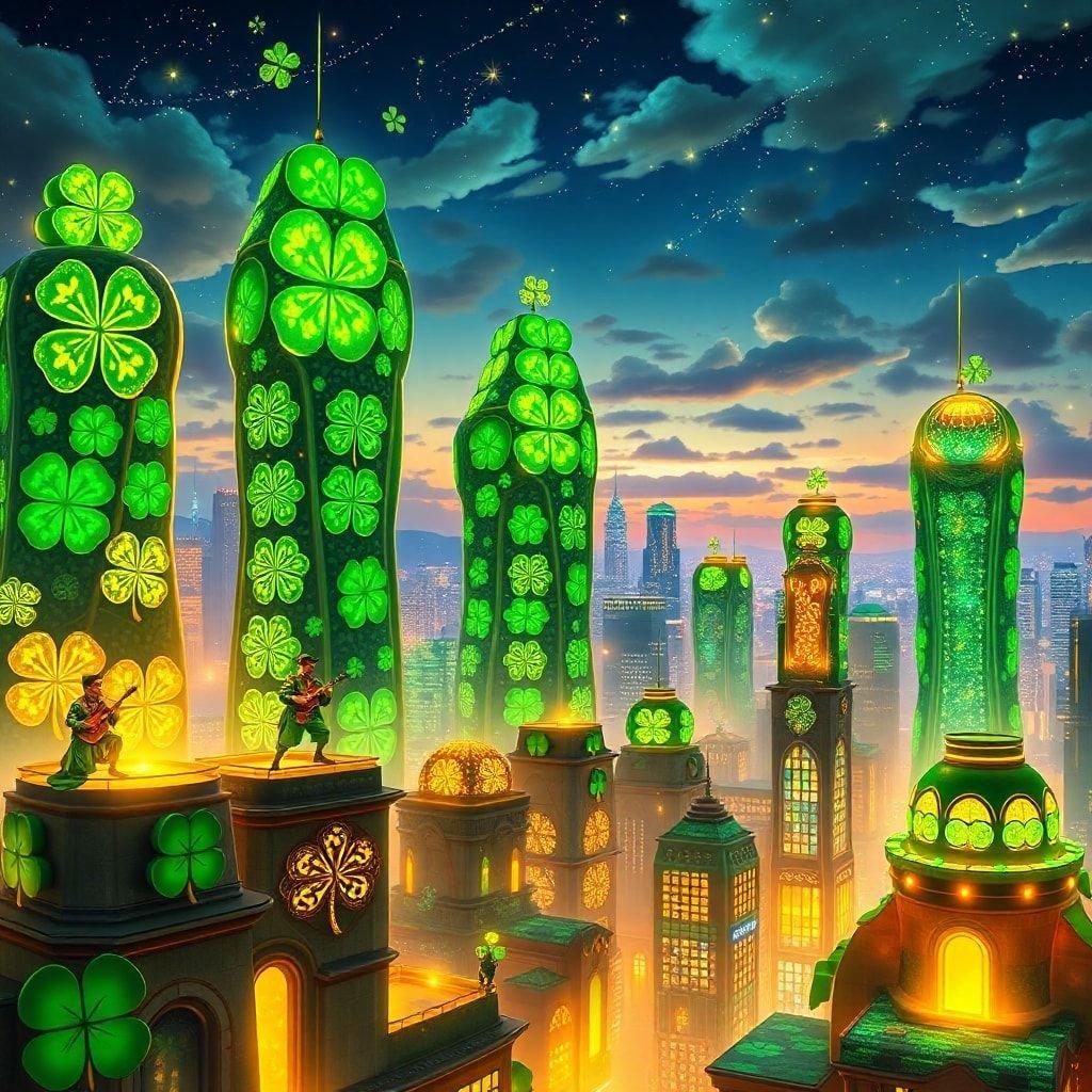 Embrace the spirit of St. Patrick's Day with this whimsical cityscape, where every structure is lit up by the shimmering glow of four-leaf clovers, turning an ordinary city into a celebration of luck and joy.