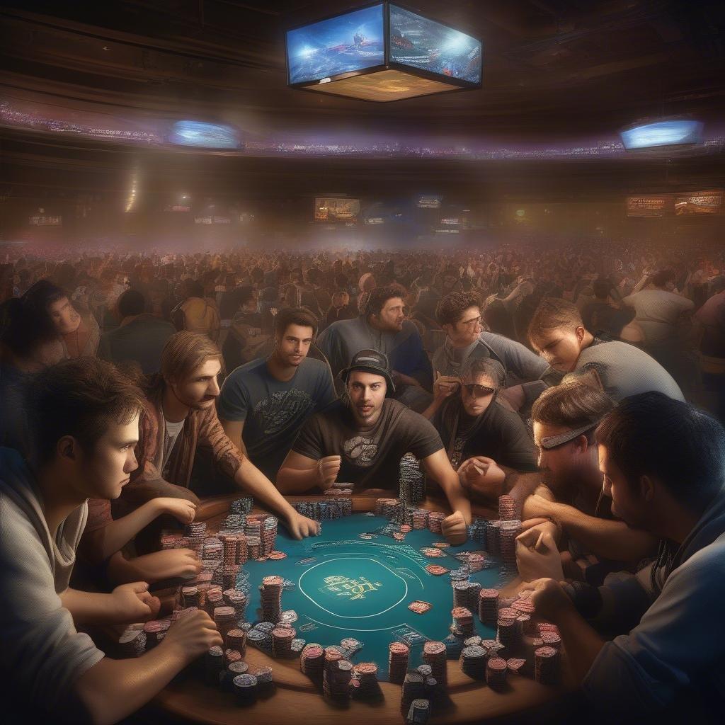 A group of players engrossed in a high-stakes poker game, their focus intense as the cards are dealt.