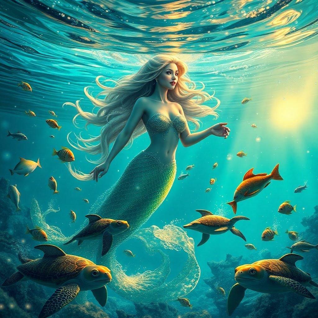 In the heart of an enchanted ocean, a mermaid queen commands her realm amidst a vibrant undersea landscape.