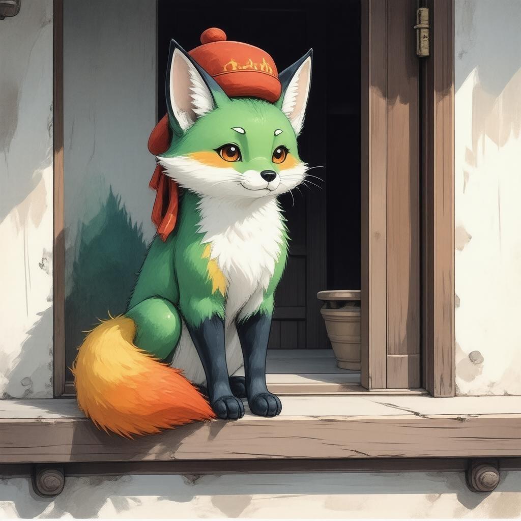 A charming anime illustration of a fox spirit with a vibrant green fur accented with yellow and orange patterns, perched on the windowsill of a traditional Japanese tea house. The fox is wearing a blue face and a quaint red hat, adding a touch of whimsy to its appearance. The wooden door and the small balcony suggest an atmosphere of tranquility and charm. This wallpaper is perfect for desktop and mobile use, capturing the essence of Japanese animation.