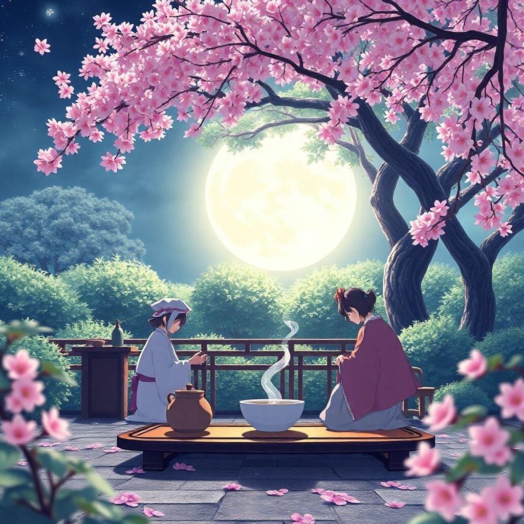 Una escena nocturna tranquila donde dos personajes disfrutan de una ceremonia del té entre flores de cerezo bajo una luna llena, creando una atmósfera de tranquilidad y compañerismo al estilo anime.