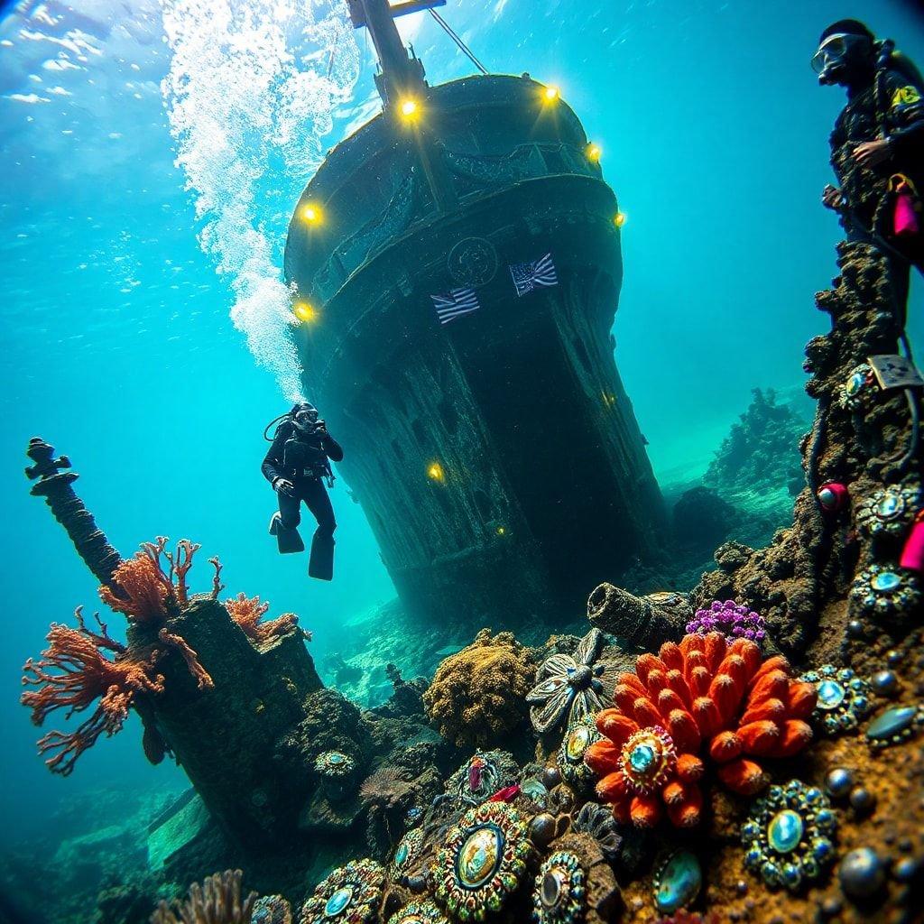 An adventurous diver explores the depths of the ocean, discovering an old shipwreck covered in coral and marine life. The underwater world is filled with colorful creatures, creating a serene yet mysterious scene.