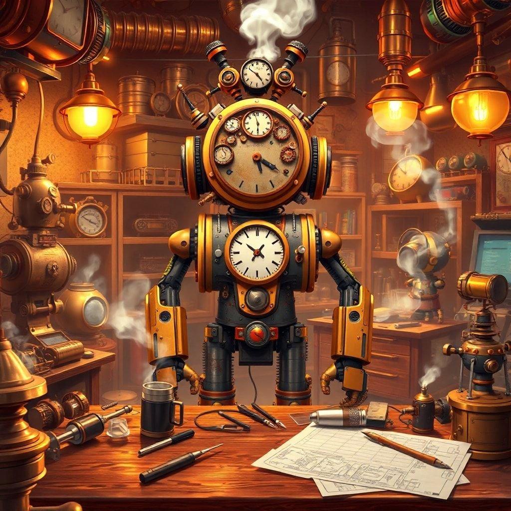 Dyk ner i den fantasifulla världen av steampunk med denna fängslande tapet som visar en briljant uppfinnare omgiven av intrikata klockverksrobotar och prylar.