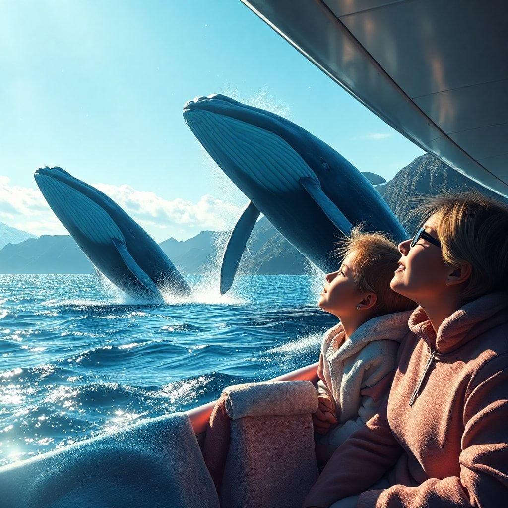 A breathtaking view from a boat as we watch humpback whales gracefully leap in the open ocean. A mother and child share this magical moment, a memory that will last a lifetime.