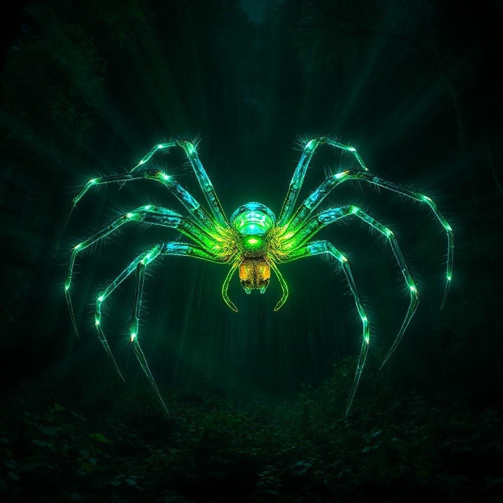 This Halloween wallpaper features a glowing spider, perfect for adding a spooky touch to your desktop or mobile device.