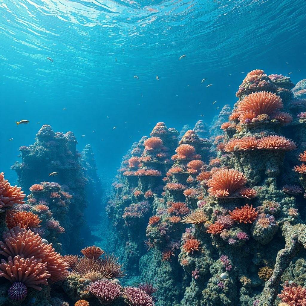 A richly colored coral reef, teeming with marine life. The deep blue ocean contrasts beautifully with the vivid red and orange hues of the coral. This underwater scene offers a glimpse into the biodiversity of our oceans.