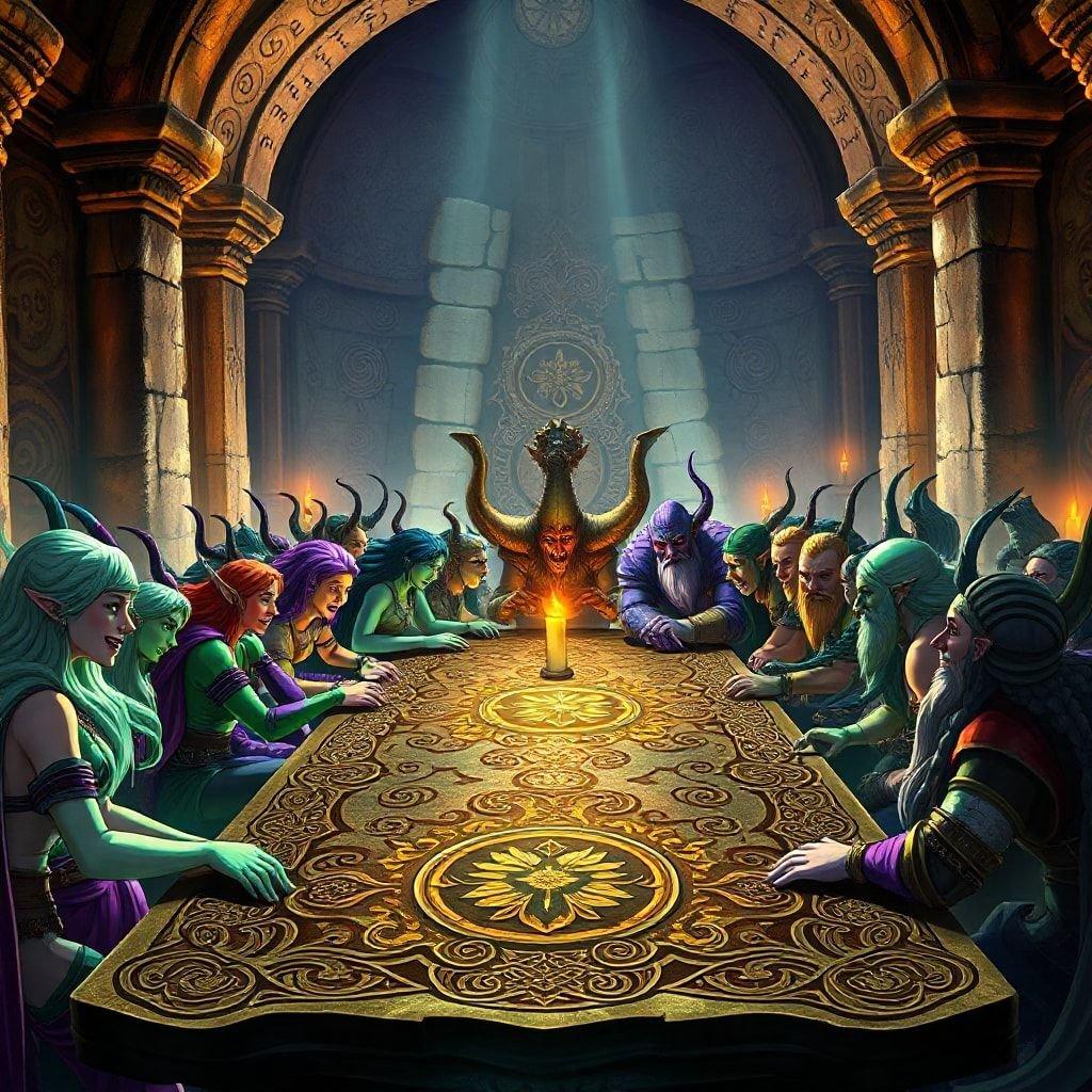 A group of fantasy characters, wizards and warriors, huddled around a table with an artifact at the center, deep in discussion.