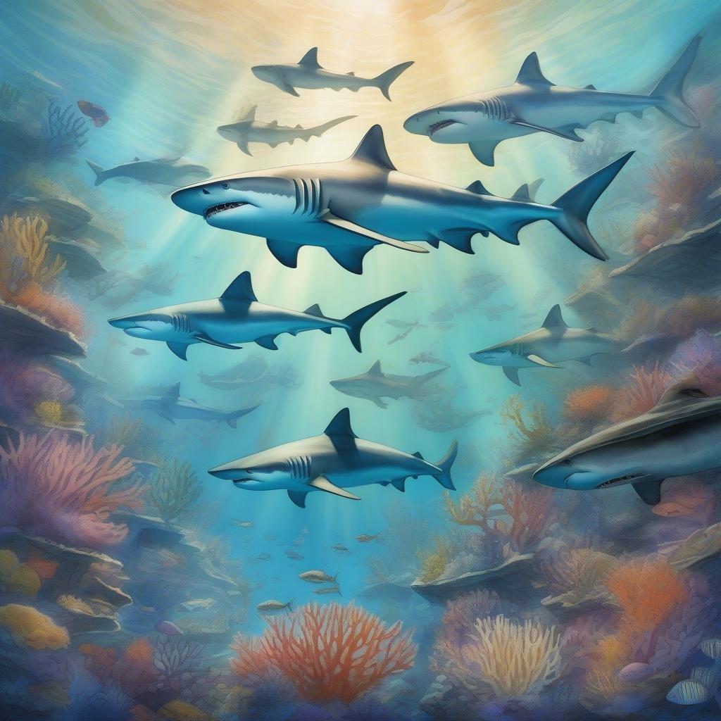 A captivating scene of sharks swimming in their underwater habitat, with a hint of sunlight filtering through the depths.