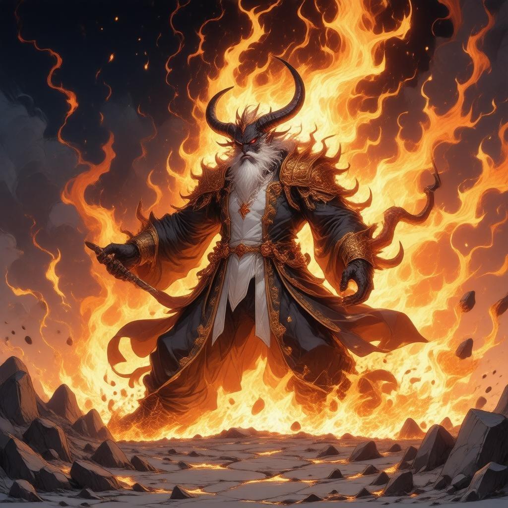 An intense anime illustration depicts a powerful demon king emerging from the fiery depths of a volcano. The mystical scene, with its swirling flames and ash, captures the essence of fantasy and anime elements.