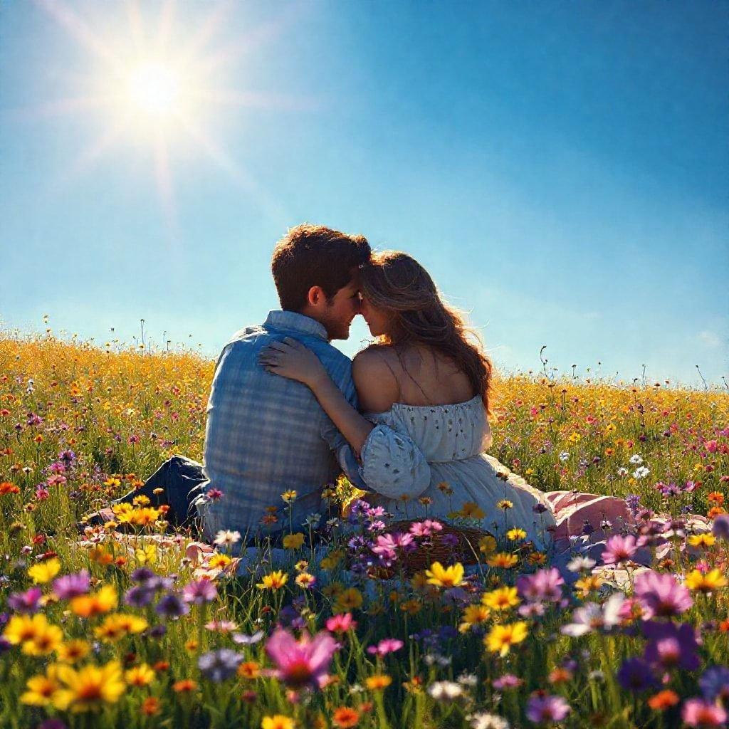 This image is perfect for Valentine's Day celebrations with its serene outdoor setting. A man and woman are enjoying a loving moment as they sit amidst the vibrant colors of wildflowers. This wallpaper captures the essence of romance and connection with nature, making it a beautiful backdrop for your device.