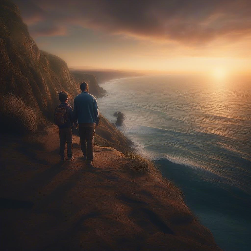 A heartwarming scene on Father's Day as a father and son share a moment at the edge of an ocean at sunset.