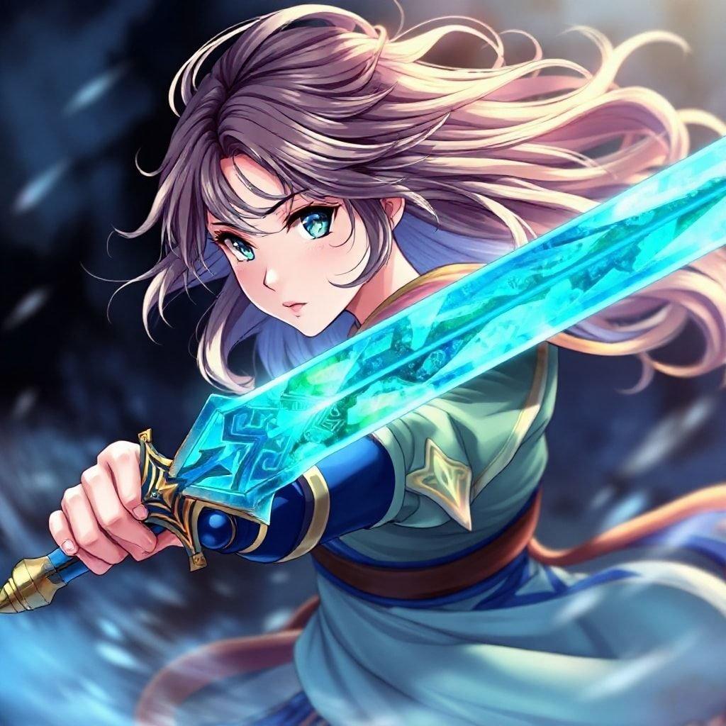 Cette illustration anime captivante présente une femme avec une aura éthérée et fluide, son visage orné d'un foulard bleu et or, chargeant au combat. Son épée, un kaléidoscope de bleu et de vert, est un point focal, tandis que l'arrière-plan se brouille dans un royaume sombre et mystérieux, créant une atmosphère de style anime.