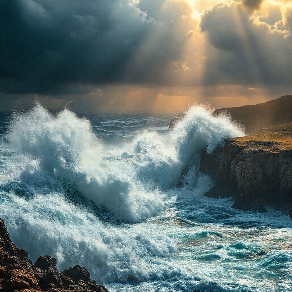 The image captures the raw power and beauty of the ocean as waves crash against the rocks, creating a mesmerizing display of nature's force.