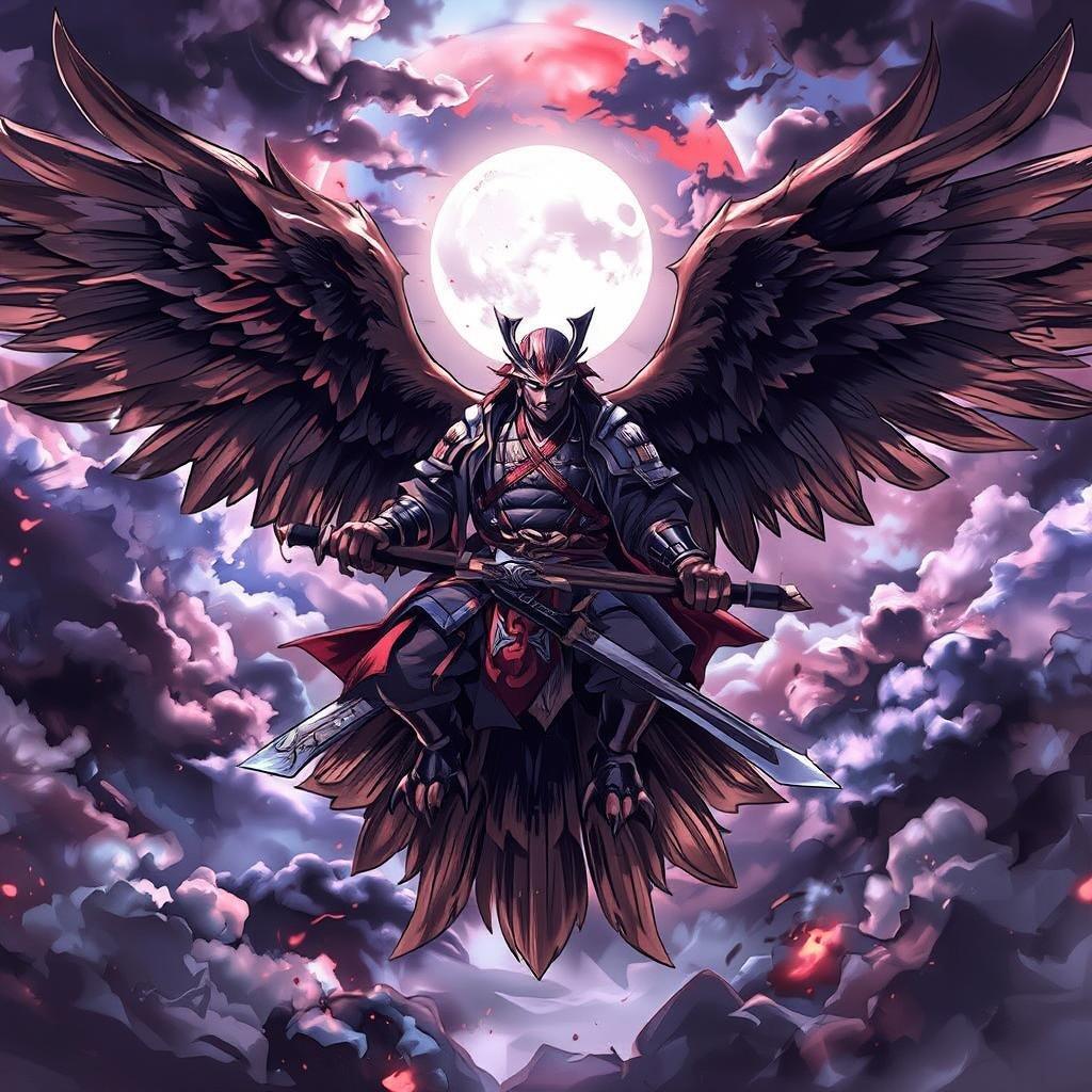 This stunning anime wallpaper features a powerful samurai warrior riding a majestic eagle, set against a dramatic sky with dark clouds and a bright sun peeking through.