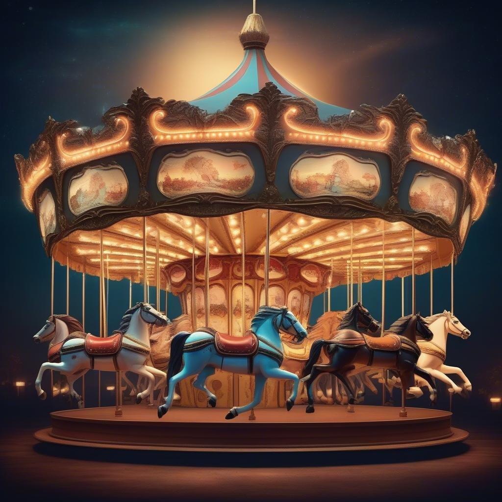 A whimsical carousel adorned with lit-up horses, standing tall under the starlit sky.