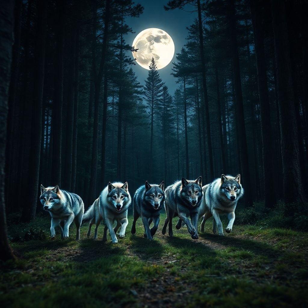 A group of wolves in the wild, walking through a forest at night with the moon full overhead.