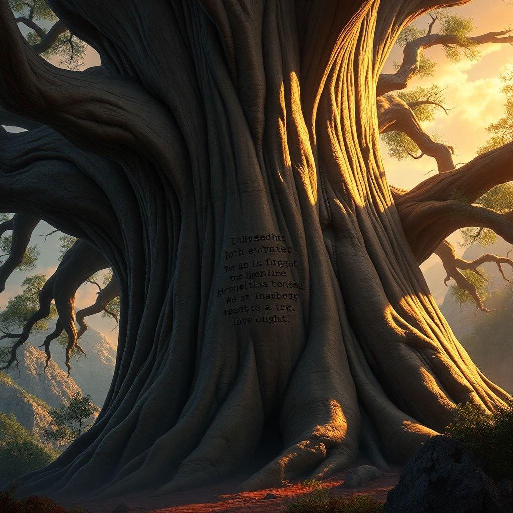 Uma cena serena da floresta apresentando as raízes de uma árvore antiga com uma inscrição esculpida em sua casca, evocando uma sensação de tranquilidade e conexão com a natureza.