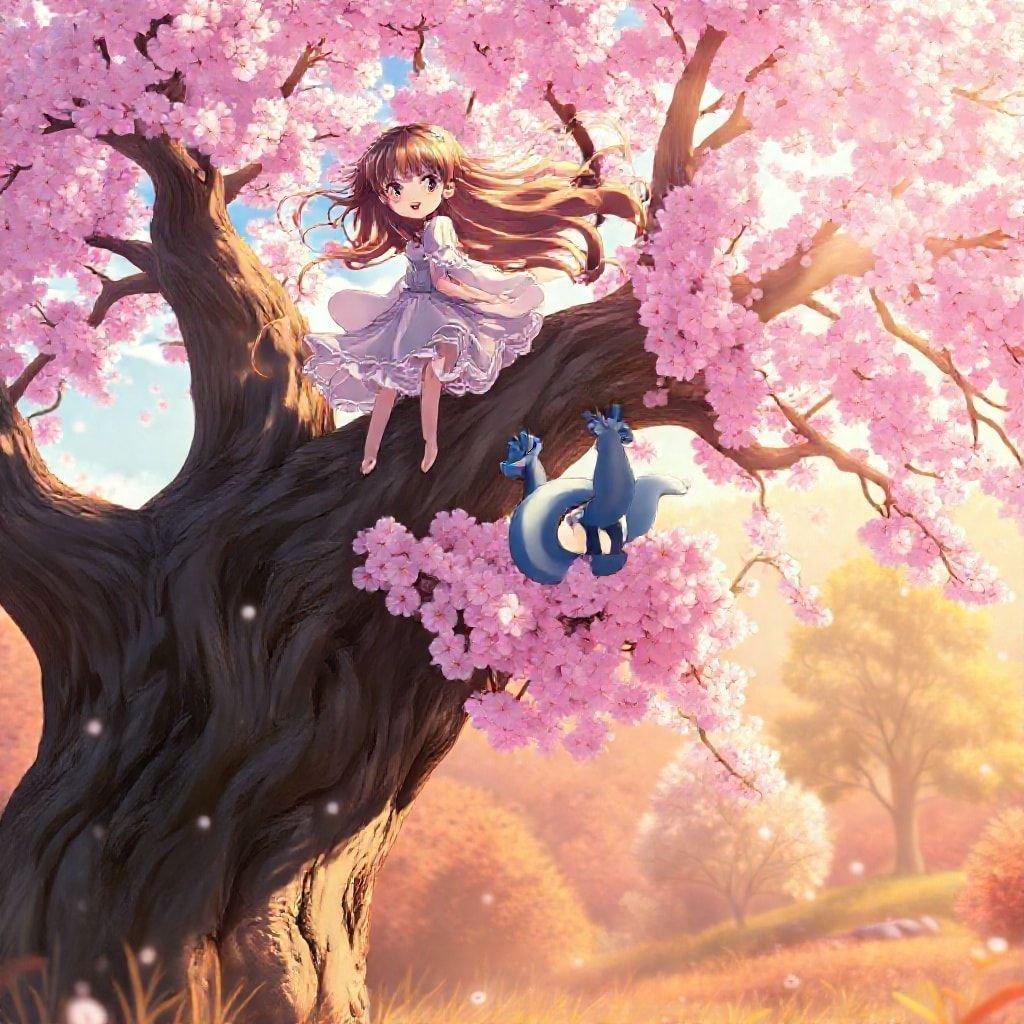 An anime illustration of a young girl riding a giant cherry blossom tree, her fur a rich brown and white, with a blue fox perched on its hind legs. The background is a blurry, warm-hued forest with a few trees and a bright sky, creating an anime-like atmosphere.