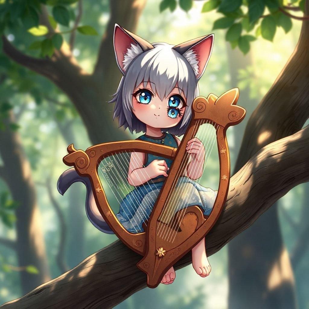 Cette adorable fille anime avec des oreilles et une queue de chat est assise sur une branche d'arbre, jouant de la harpe. Ses yeux bleus vibrants regardent directement le spectateur, ajoutant à l'atmosphère ludique et fantaisiste de la scène. L'arrière-plan est une scène de forêt floue et mystérieuse, qui aide à concentrer l'attention sur la fille et sa harpe.