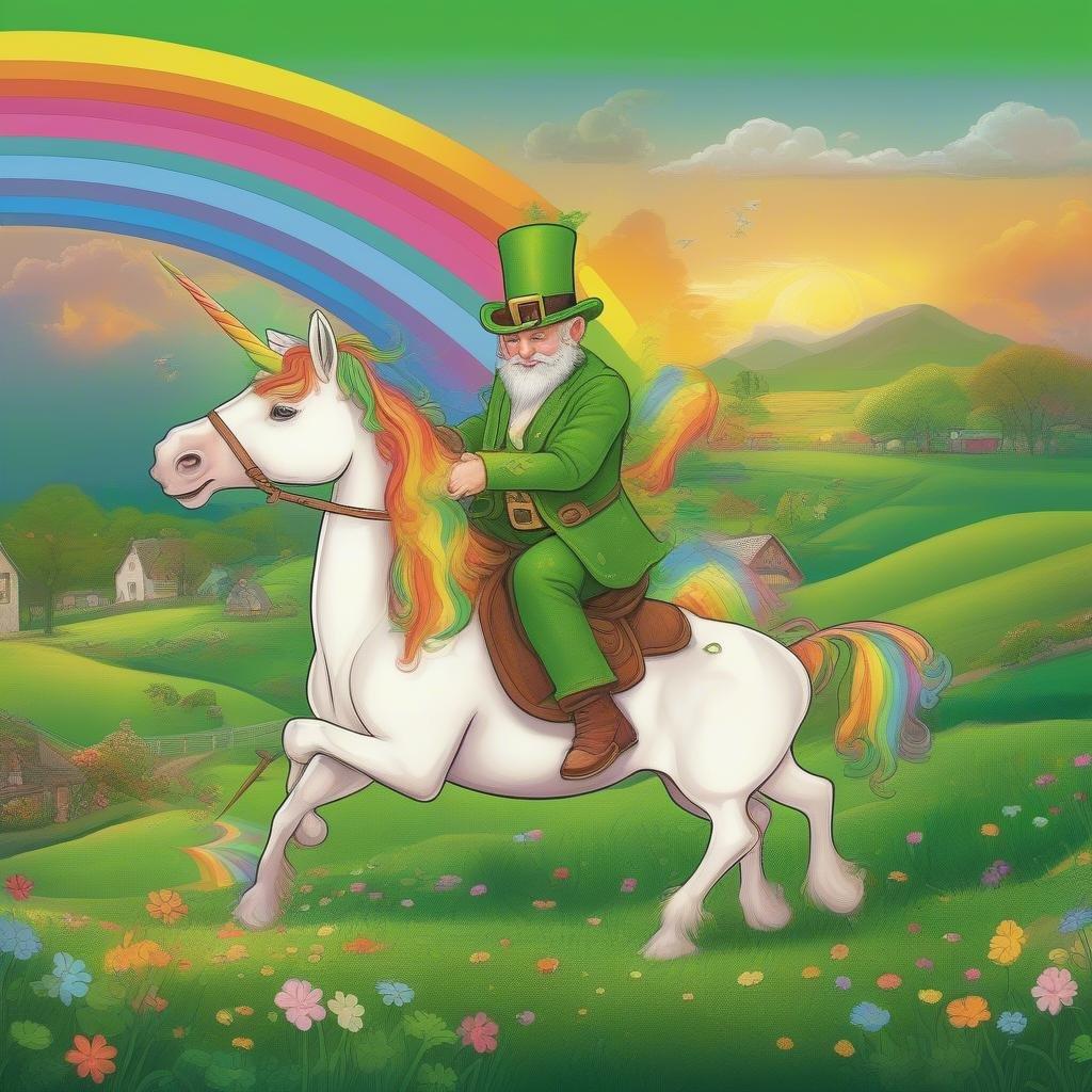 A lively St. Patrick's Day scene with a leprechaun riding on the back of a unicorn, leading to a rainbow-filled sky.