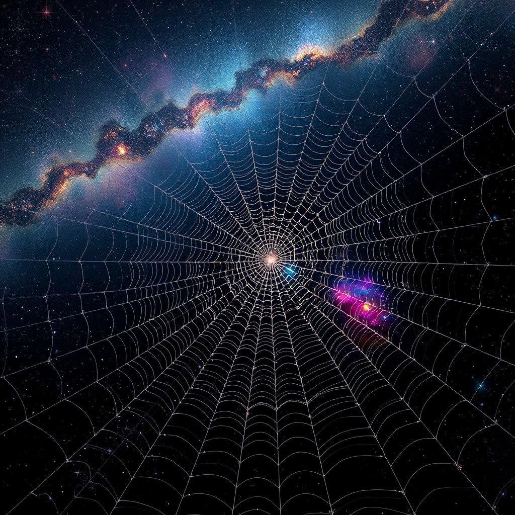 This abstract wallpaper features a stunning depiction of a spider web set against a backdrop of a galaxy. The intricate details of the web are showcased in a mesmerizing pattern, while the galaxy provides a sense of depth and scale. The combination of these two elements creates a visually striking and thought-provoking image that is sure to captivate anyone who sees it.