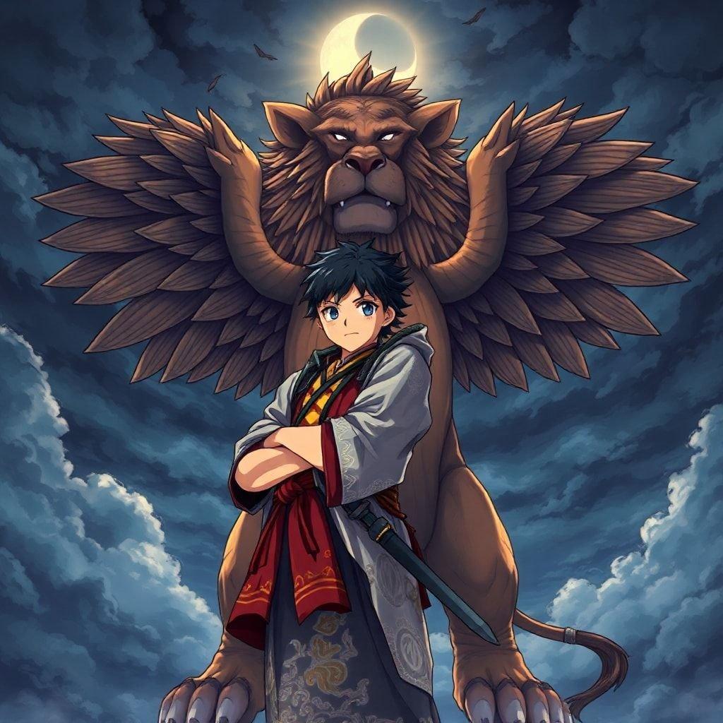 This captivating anime wallpaper features a young warrior standing back to back with a majestic winged lion, set against a dramatic dark, cloudy sky. The warrior's crescent moon tattoo on their forehead adds an air of mystique to the scene.