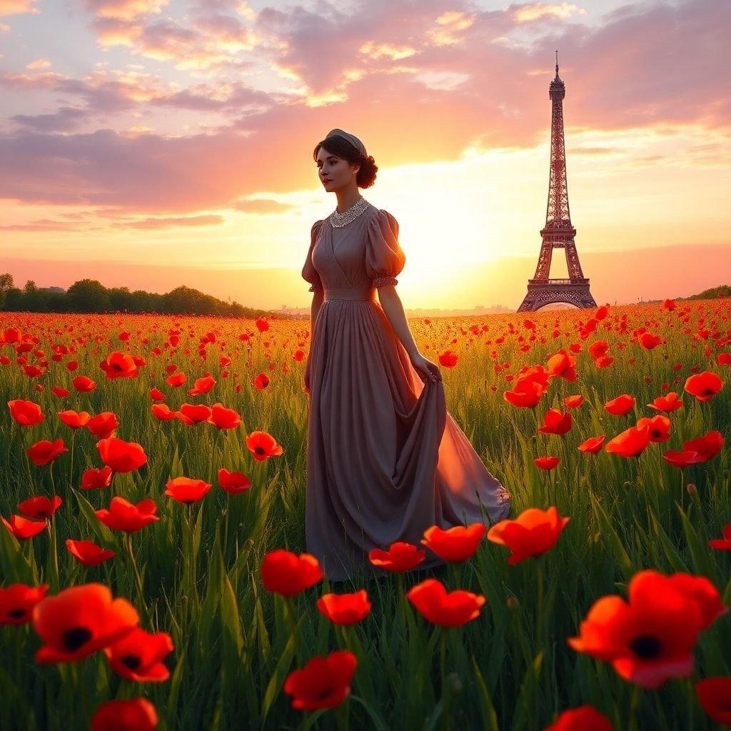 A romantic scene with a woman in a vintage dress walking through a field of red poppies, looking towards the iconic Parisian skyline at dawn.