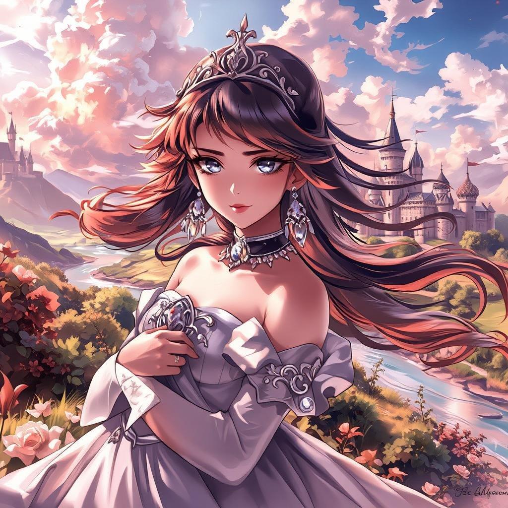 Immerse yourself in the enchanting world of anime with this captivating princess wallpaper, featuring a charming princess amidst a lush landscape and fantastical backdrop.