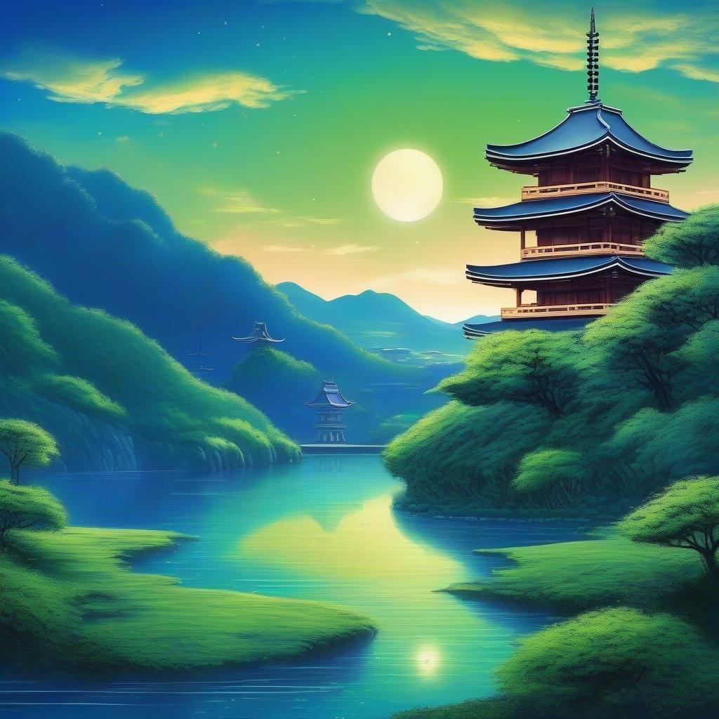 Eine ruhige Nacht in einer Anime-Landschaft, in der alte japanische Tempel neben einem gewundenen Fluss stehen. Der tiefblaue Himmel dient als Leinwand für die Sterne, und das umliegende grüne Feld trägt zur natürlichen Schönheit dieser friedlichen Szene bei.