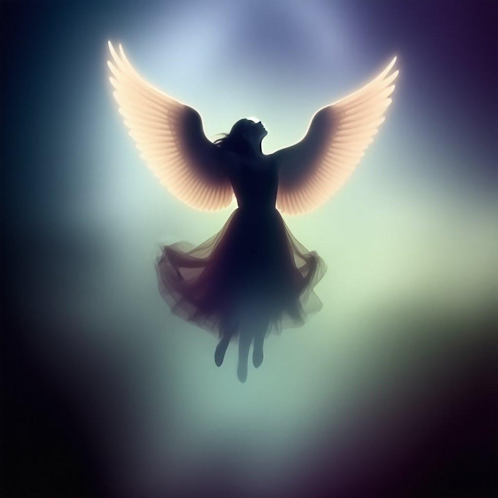 A poised ballerina rises into the ethereal realm, her wings spread wide against a vibrant sky backdrop.