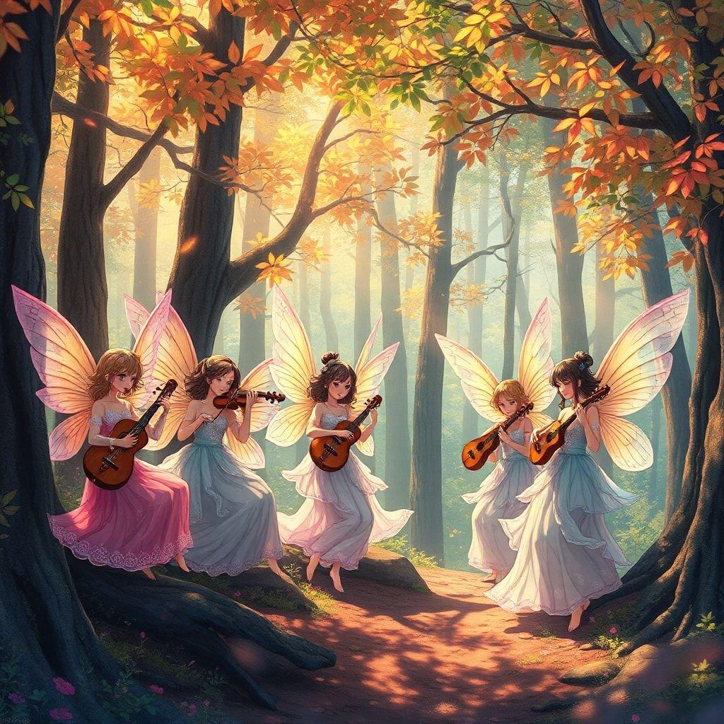 These anime fairy girls are enjoying a beautiful day in the forest, surrounded by tall trees and vibrant flowers. They are playing musical instruments and dancing together, creating a lively and joyful atmosphere.