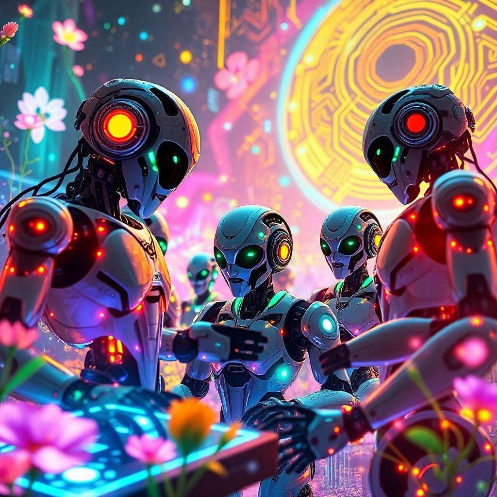 A group of friendly robots enjoying the company of each other in a vibrant, technologically themed environment.