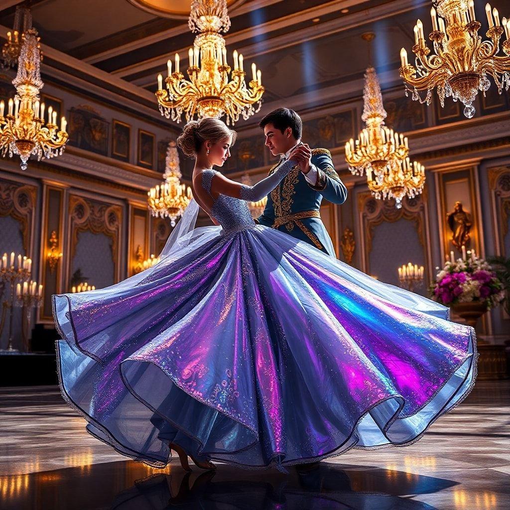 A romantic dance between a man and woman in a luxurious ballroom, surrounded by chandeliers and a high ceiling.