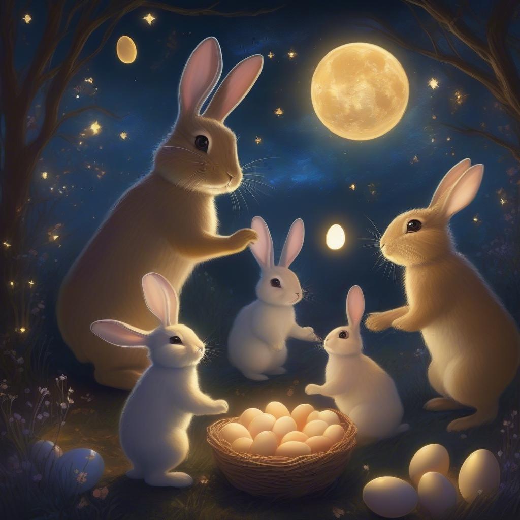 A heartwarming scene from an Easter celebration. A family of bunnies gathers around a basket filled with colorful eggs, ready for their nighttime hunt under the full moon.