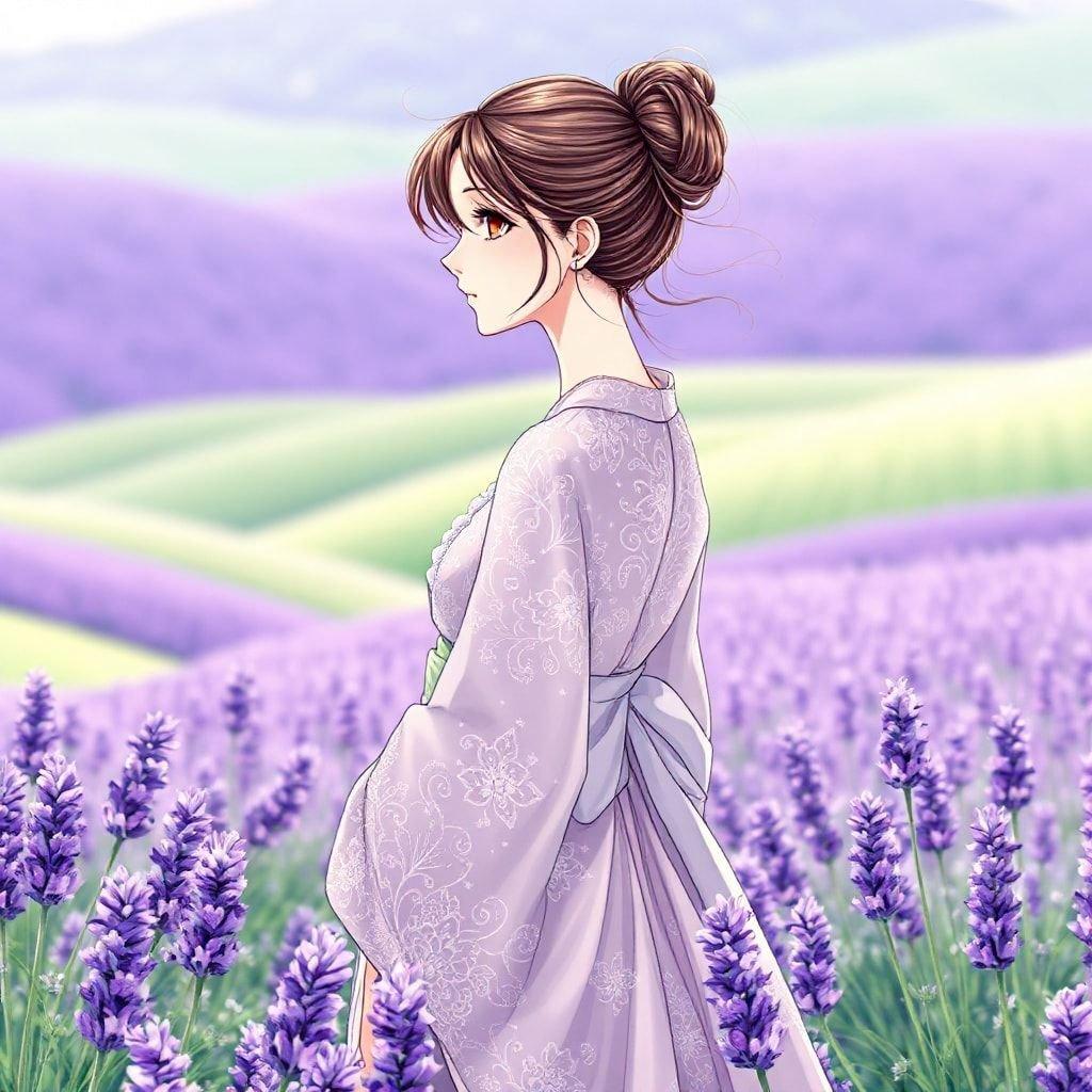 A serene anime illustration of a woman in a kimono, surrounded by a field of lavender, exuding tranquility and mystery.