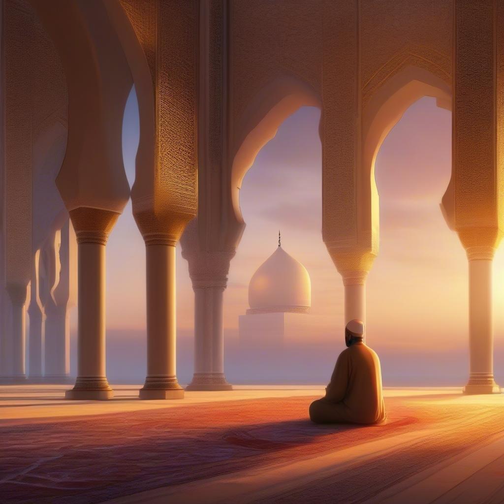 A serene moment inside the Hassan II Mosque in Morocco, bathed in the warm glow of a setting sun. The quiet solitude is echoed by the peaceful figure in prayer.