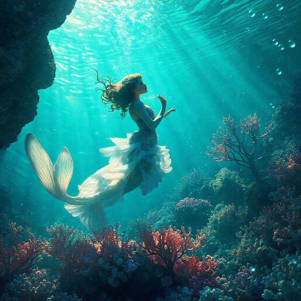 Este impresionante fondo de pantalla presenta una hermosa sirena nadando en el océano, rodeada de vibrantes arrecifes de coral y bancos de peces. La imagen es perfecta para cualquiera que ame el océano y sus criaturas.