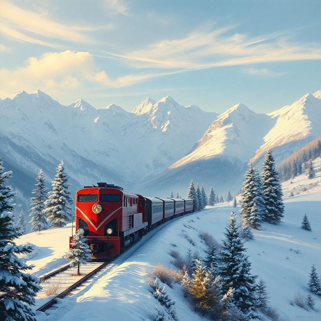 Enjoy the breathtaking views on this picturesque train journey through a winter wonderland, surrounded by majestic snow-capped mountains.