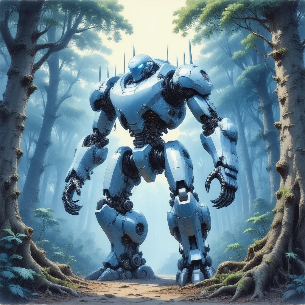 In this digital illustration, a mecha robot stands as an intimidating figure amidst a dense forest. Its blue and white armor gleams under the light of the sky, contrasting with the natural surroundings. With glowing eyes that hint at its advanced technology and power, it faces a monster creature to its left, threatening it. The creature is shrouded in mystery, with long legs and sharp claws that suggest strength and agility. This scene is set against an ancient tree monster, adding a touch of fantasy and otherworldliness.