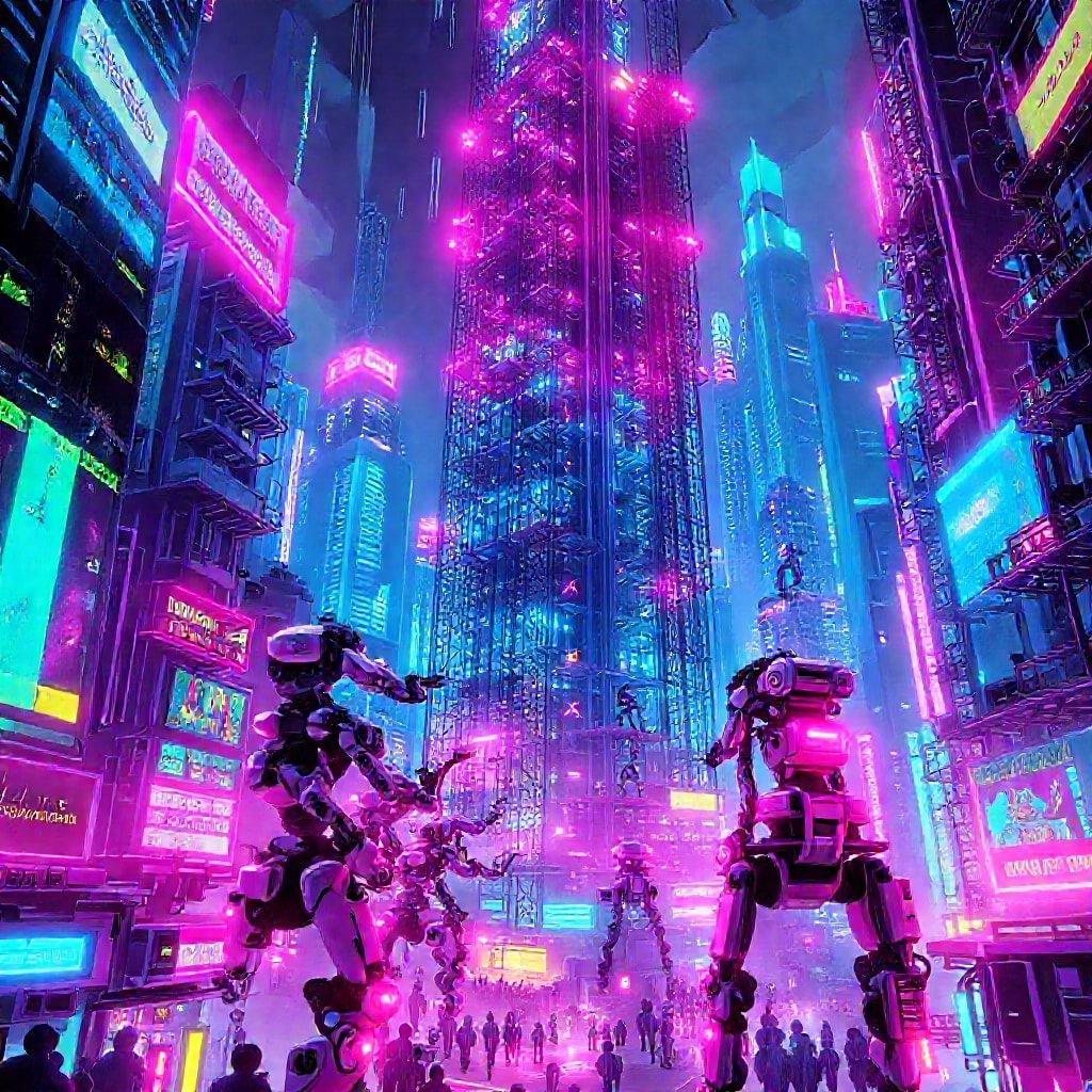 A vibrant futuristic cityscape, where technology meets the urban landscape. The towering skyscrapers with pink and purple neon signs glow against the night sky, creating a lively atmosphere for the cybernetic robots that roam the streets.